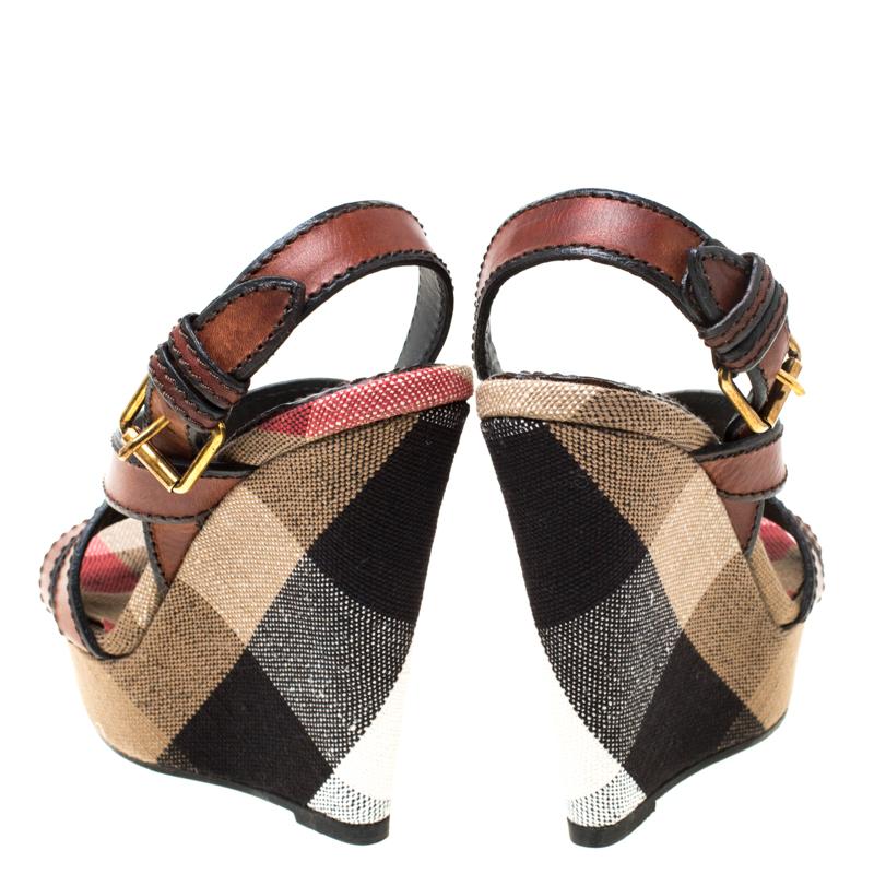 Women's Burberry Brown Novacheck Canvas and Leather  Platform Wedge Sandals Size 36.5 For Sale