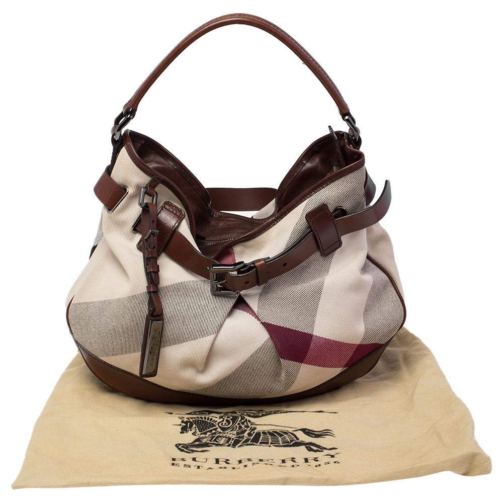 Burberry Brown/Off White Mega Check Canvas and Leather Buckle Hobo 9