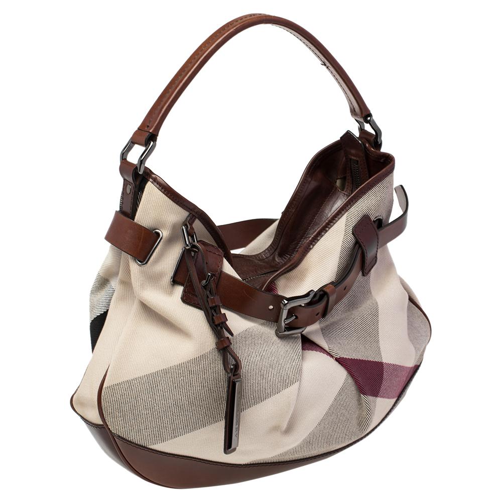Women's Burberry Brown/Off White Mega Check Canvas and Leather Buckle Hobo