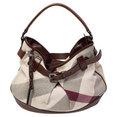 Burberry Brown/Off White Mega Check Canvas and Leather Buckle Hobo