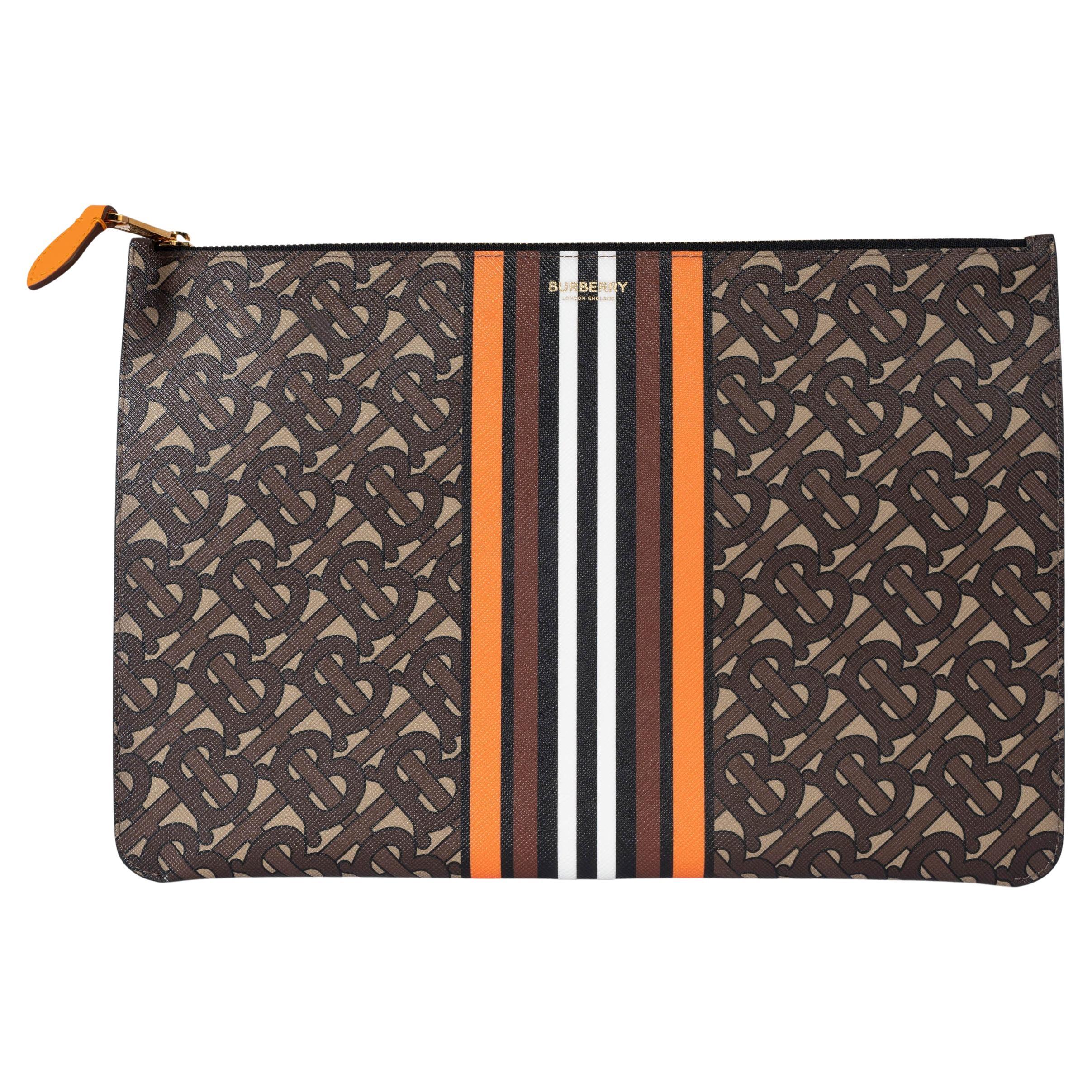 BURBERRY brown orange e-canvas TB MONOGRAM STRIPE ZIP POUCH Bag For Sale
