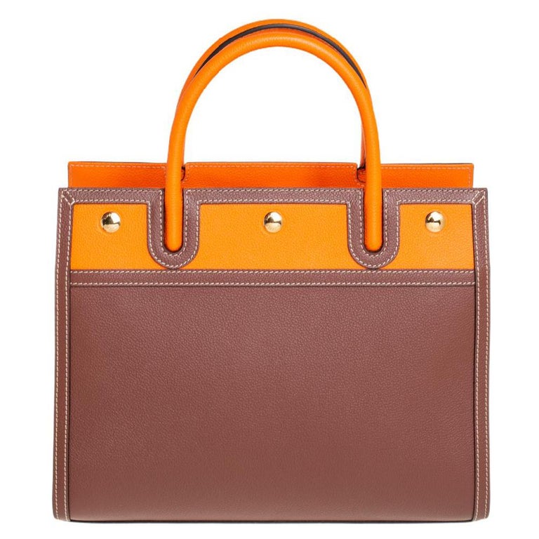Burberry Brown/Orange Leather Medium Two-Handle Title Tote at 1stDibs