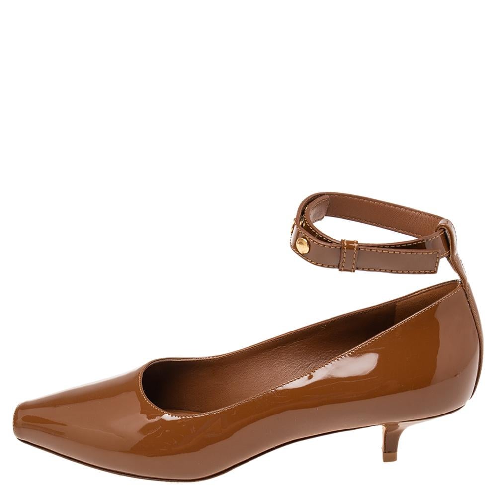 Women's Burberry Brown Patent Leather Peep-Toe Ankle Cuff Kitten Heel Pumps Size 38.5
