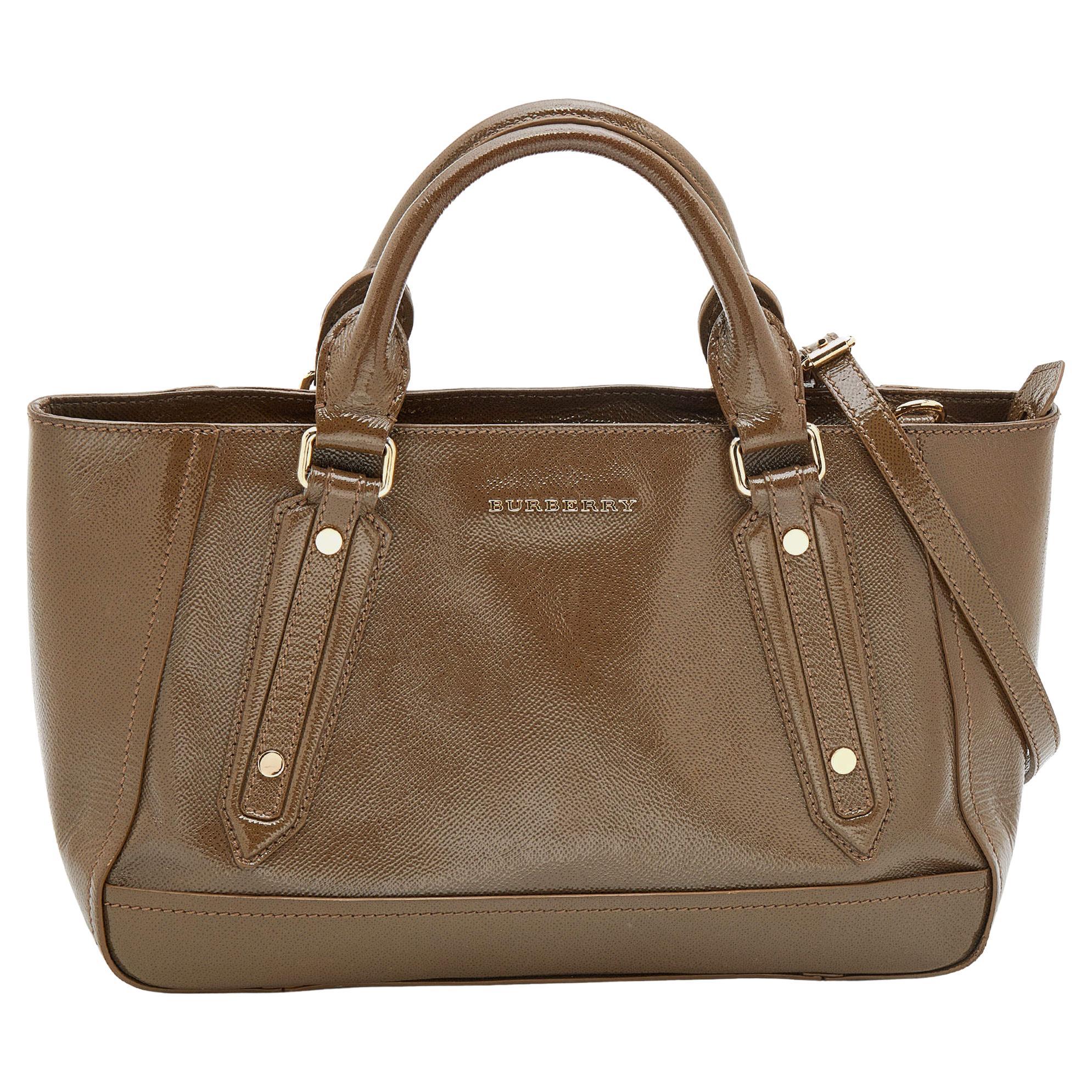 Burberry Brown Patent Leather Somerford Convertible Tote For Sale