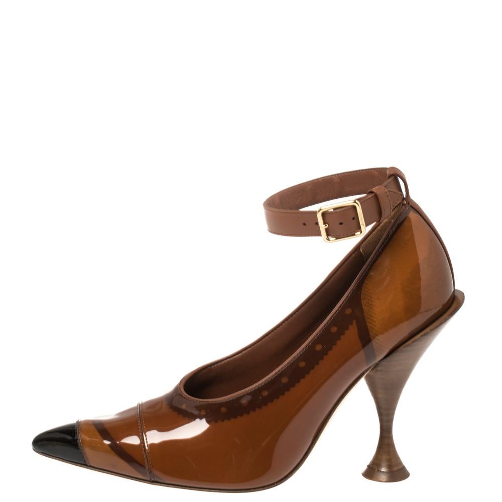 Burberry Brown PVC And Patent 'Evan' Pointed Toe Ankle Strap Pumps Size 39 1