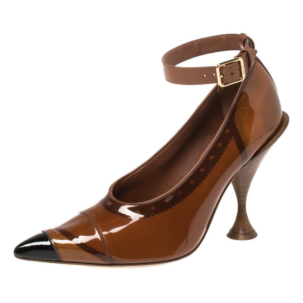 Burberry Brown PVC And Patent 'Evan' Pointed Toe Ankle Strap Pumps Size 39