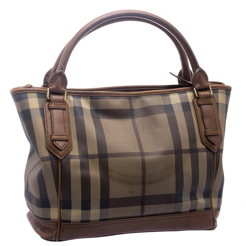 Black Burberry Brown Smoke Check PVC and Leather Tote