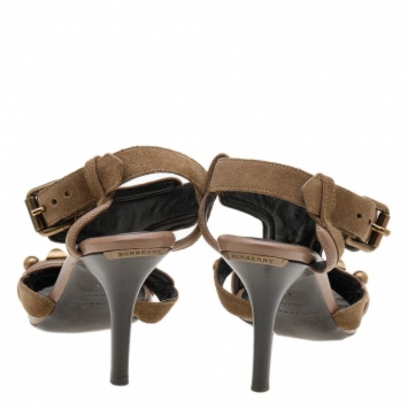 Burberry Brown Suede And Leather Embellished Ankle Strap Sandals Size 40 For Sale 2