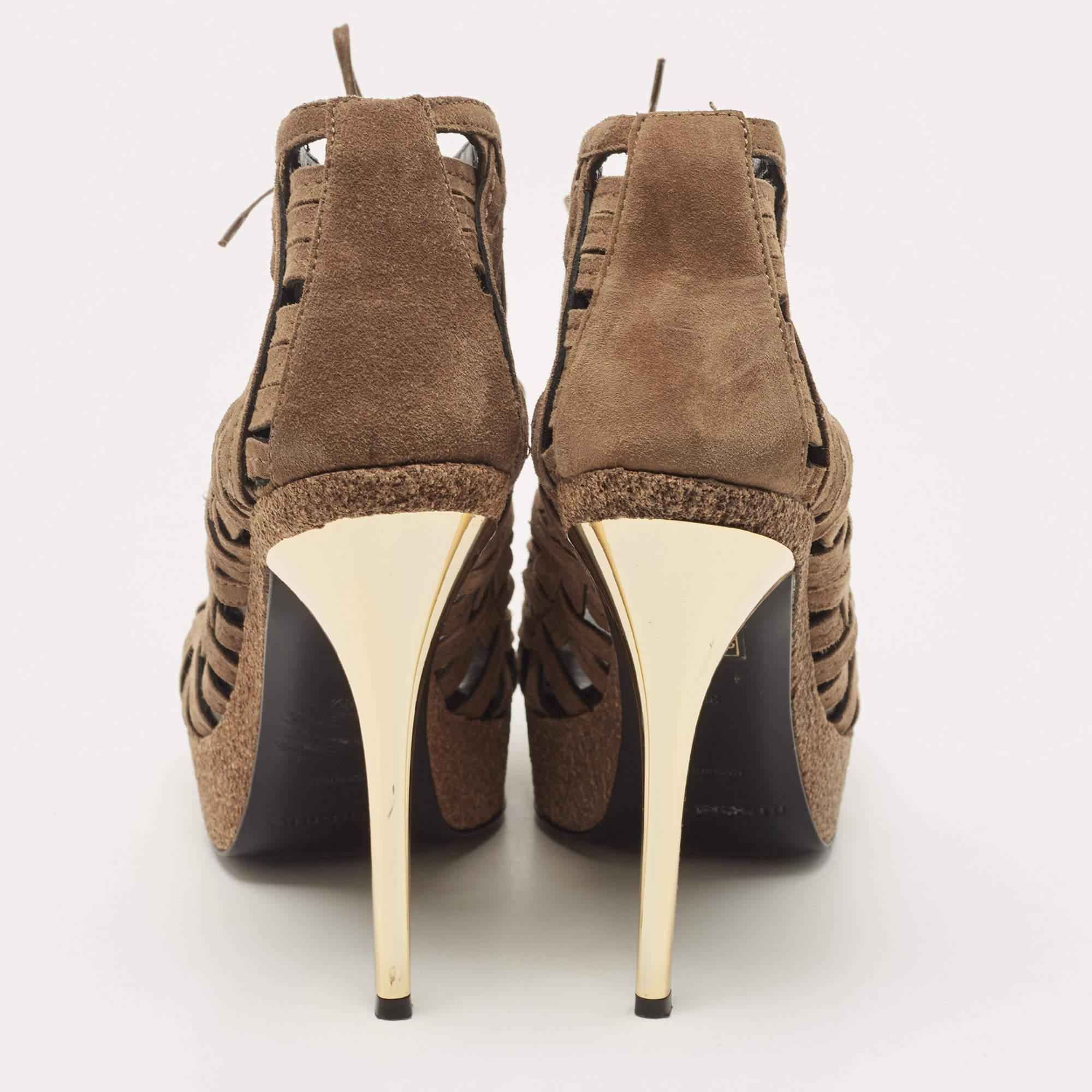 De las mujeres Burberry Brown Suede Cork Platform Peep Toe Ankle Booties Size 38.5