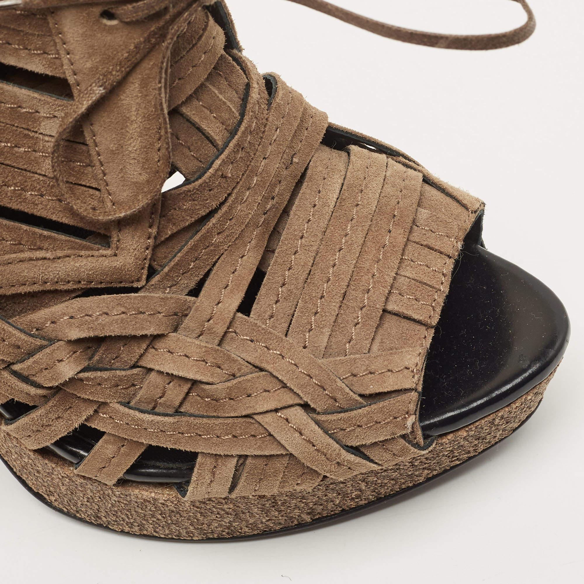 Burberry Brown Suede Cork Platform Peep Toe Ankle Booties Size 38.5 2