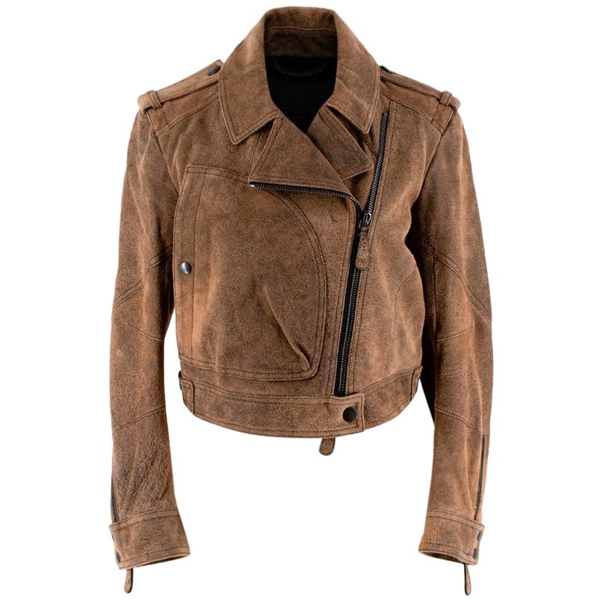 Burberry Brown Suede Distressed Biker Jacket - Size US 4 For Sale at 1stDibs