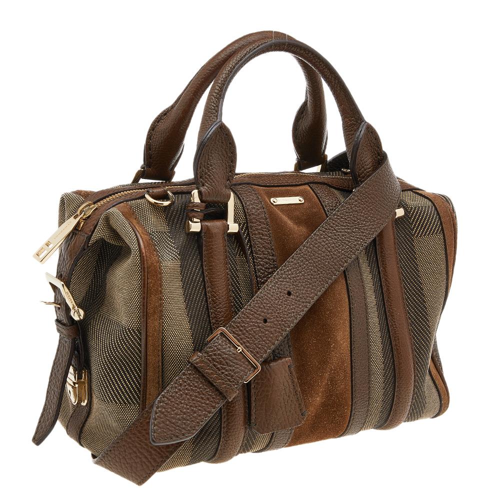 Burberry Brown Suede, Leather And Canvas Nevinson Bowling Bag In Good Condition In Dubai, Al Qouz 2