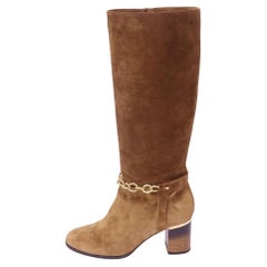 Burberry Brown Suede Mid-Calf Boots with Gold Chain Detail - EU 40