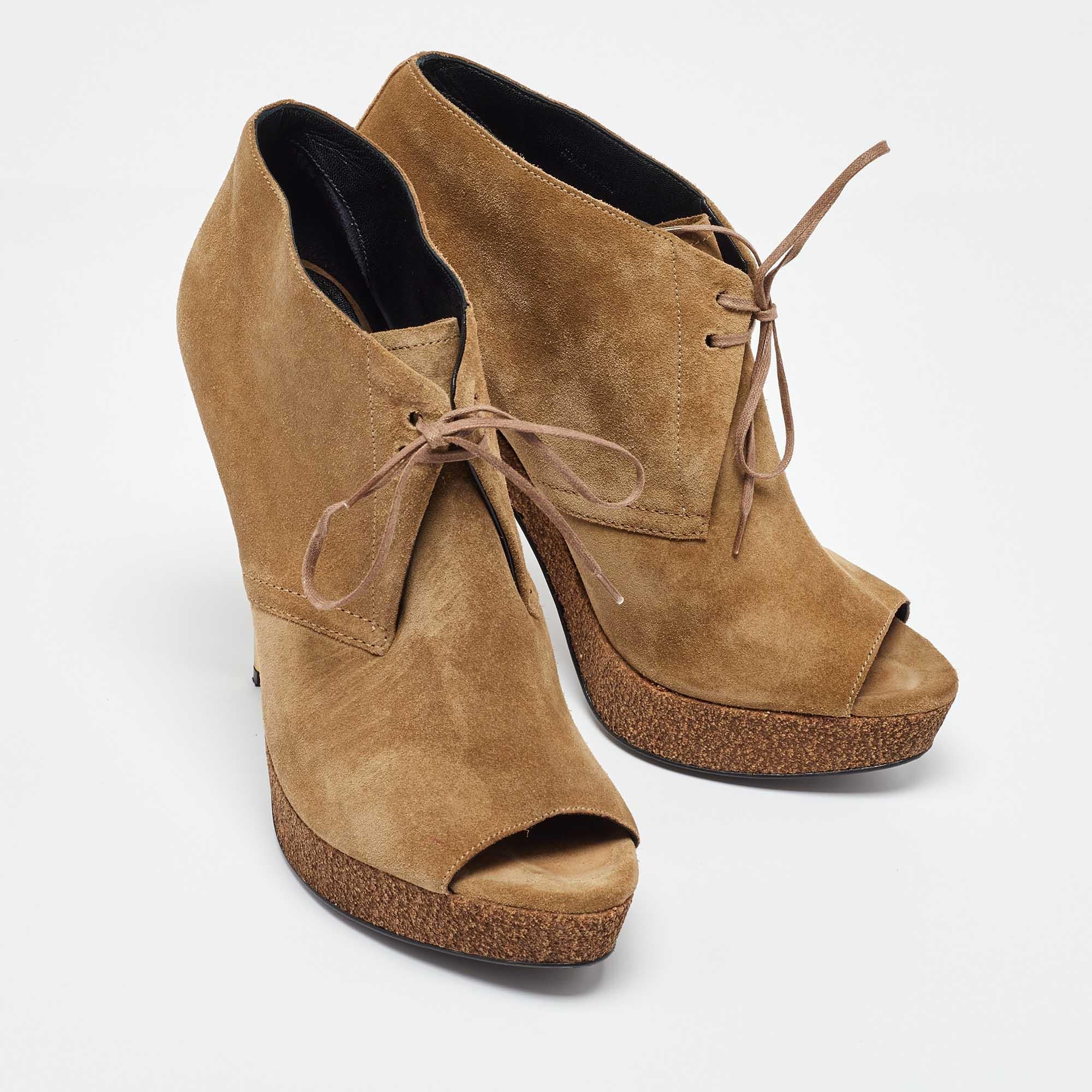 Women's Burberry Brown Suede Peep Toe Cork Platform Booties Size 39 For Sale