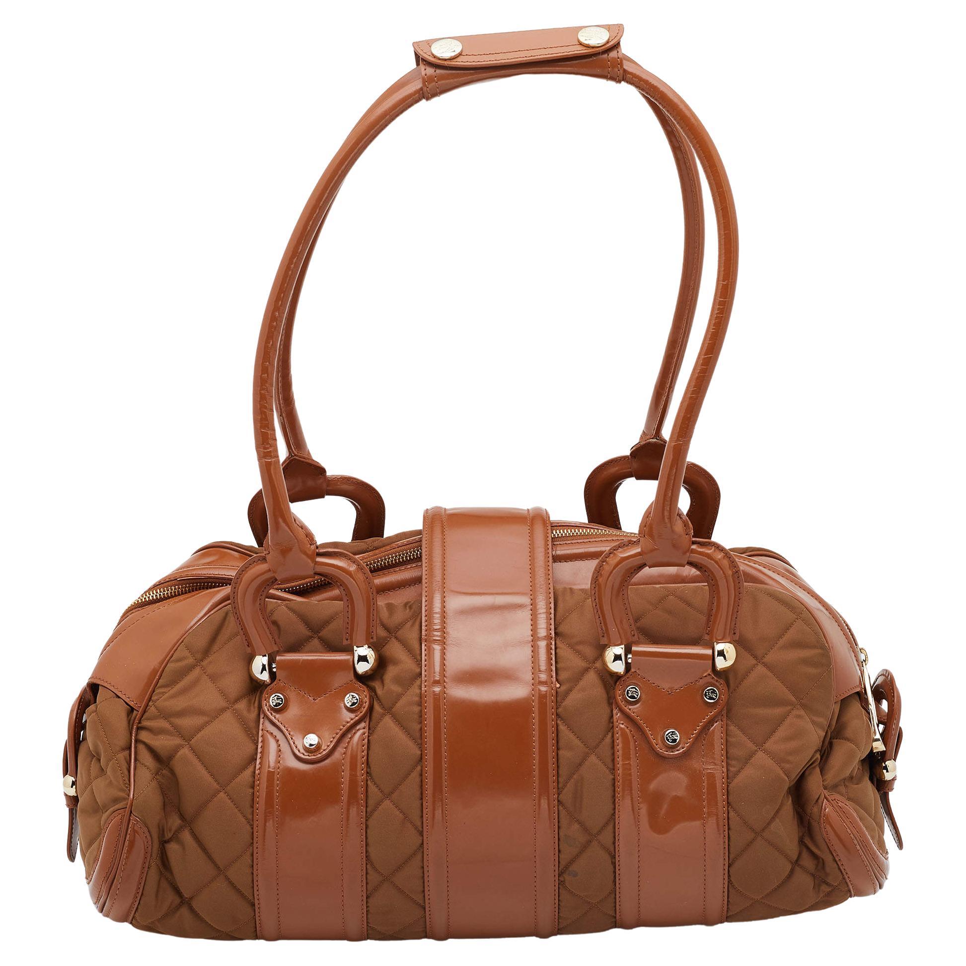 Burberry Brown/Tan Nylon and Leather Large Manor Satchel For Sale