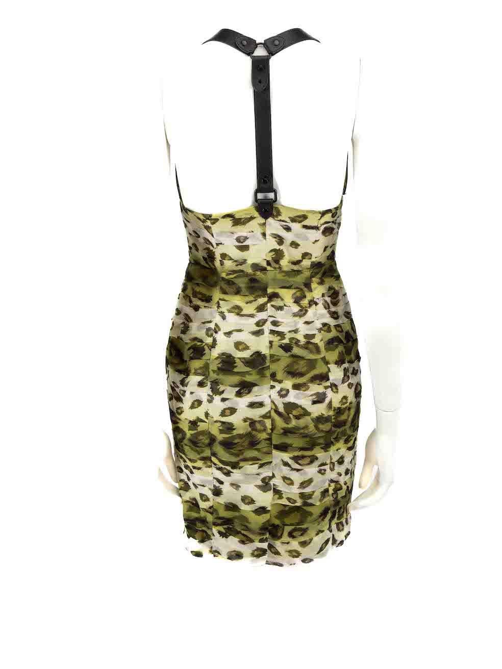 Burberry Burberry Prorsum Green Leather Strap Leopard Pattern Mini Dress Size XS In Excellent Condition For Sale In London, GB