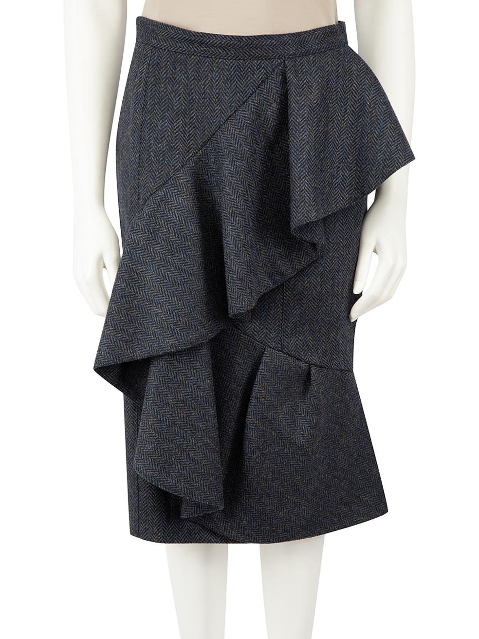 Burberry Burberry Prorsum Navy Wool Herringbone Ruffle Skirt Größe M im Angebot