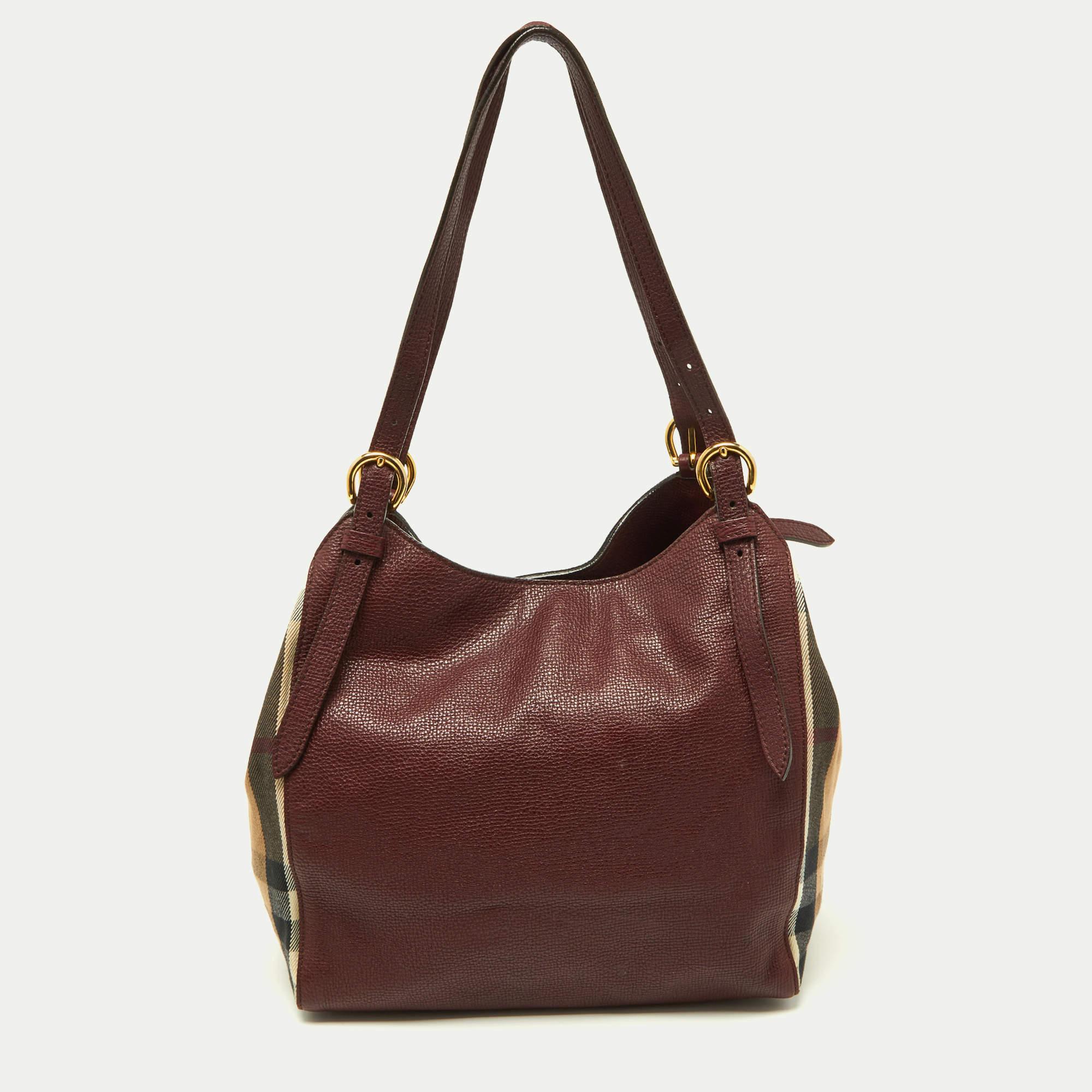 Burberry Burgundy/Beige House Check Fabric and Leather Small Canterbury Tote 6