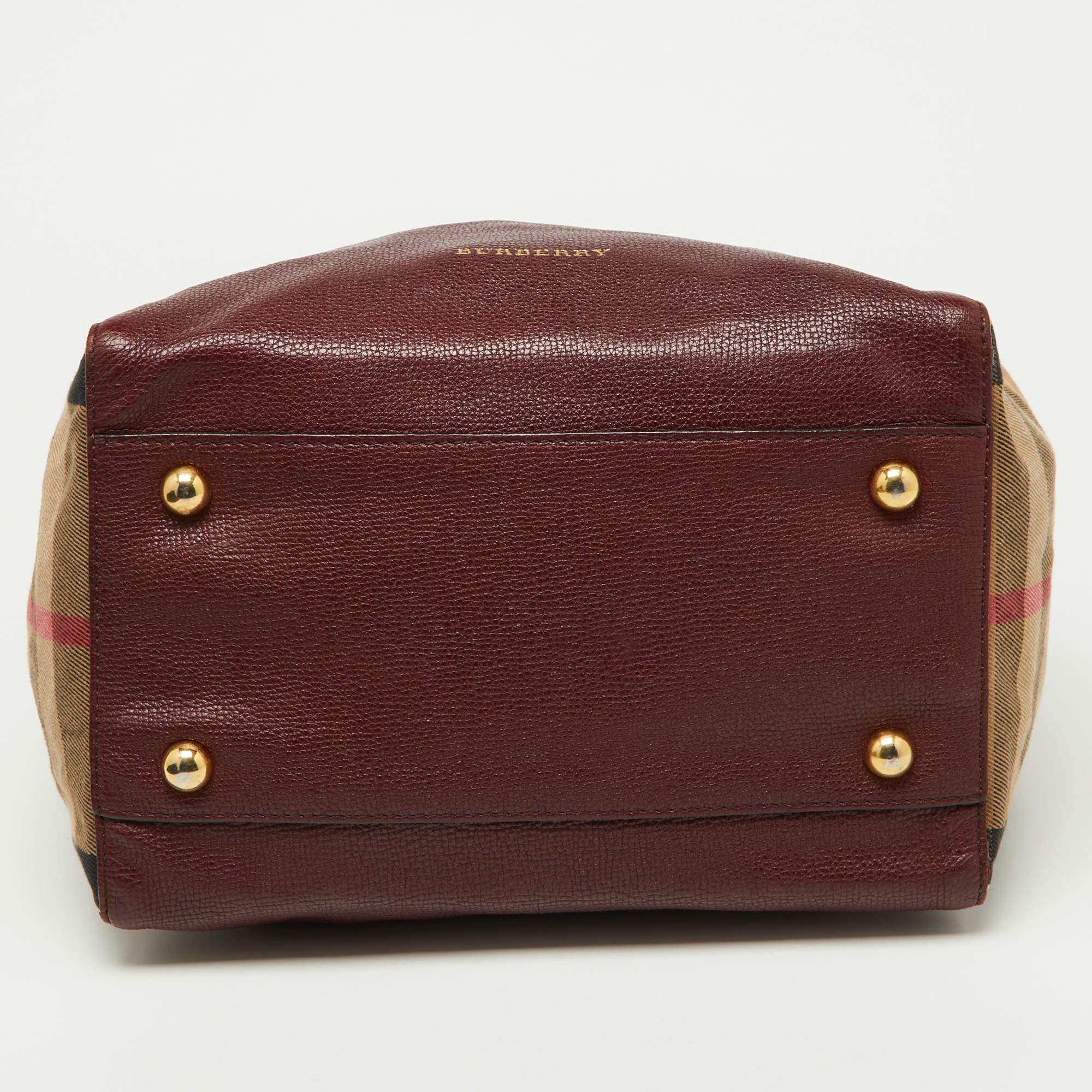 Burberry Burgundy/Beige House Check Fabric and Leather Small Canterbury Tote 8