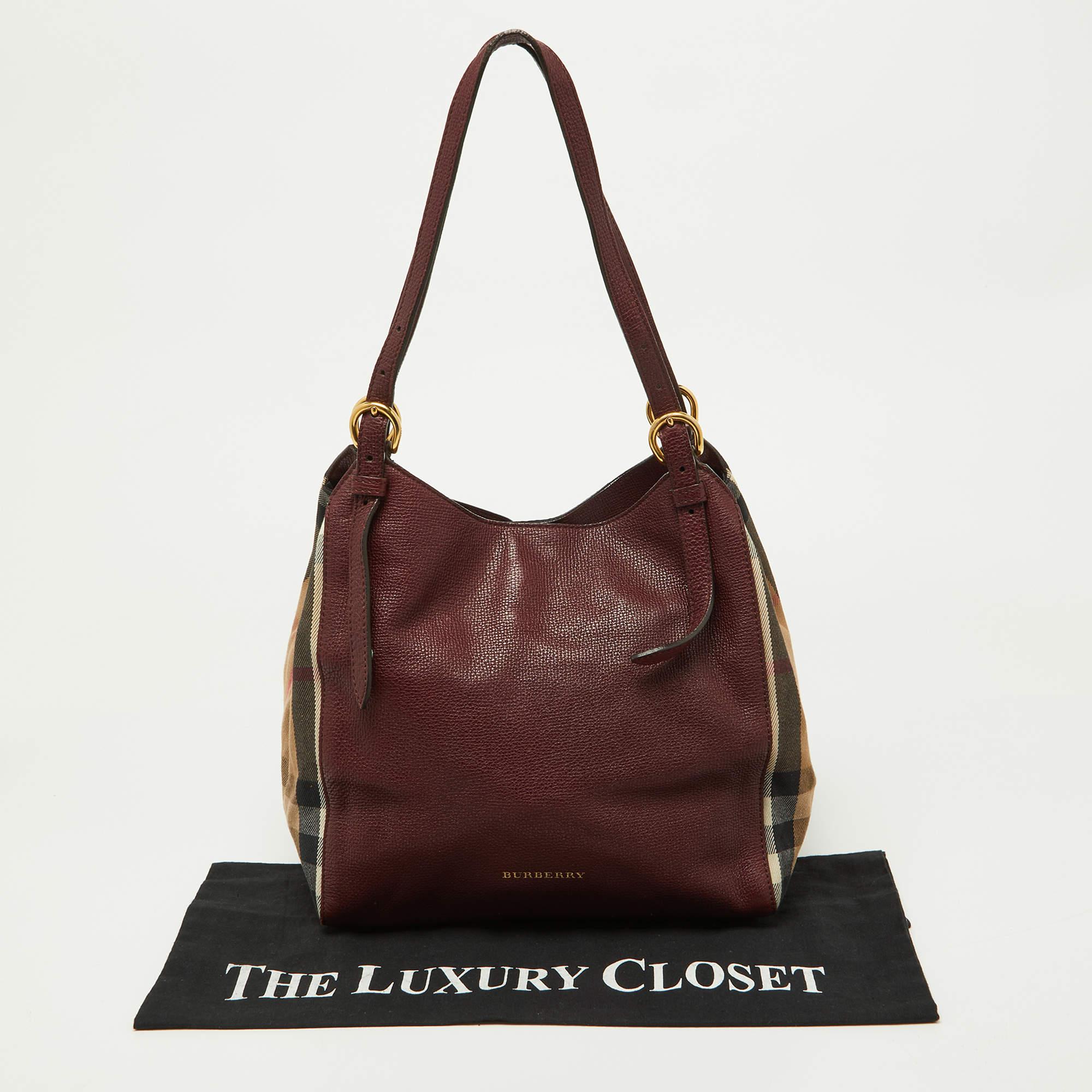 Burberry Burgundy/Beige House Check Fabric and Leather Small Canterbury Tote 9