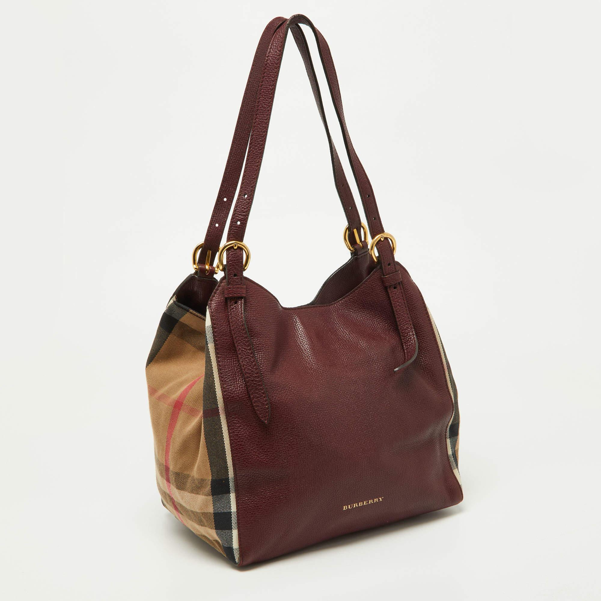 Women's Burberry Burgundy/Beige House Check Fabric and Leather Small Canterbury Tote For Sale