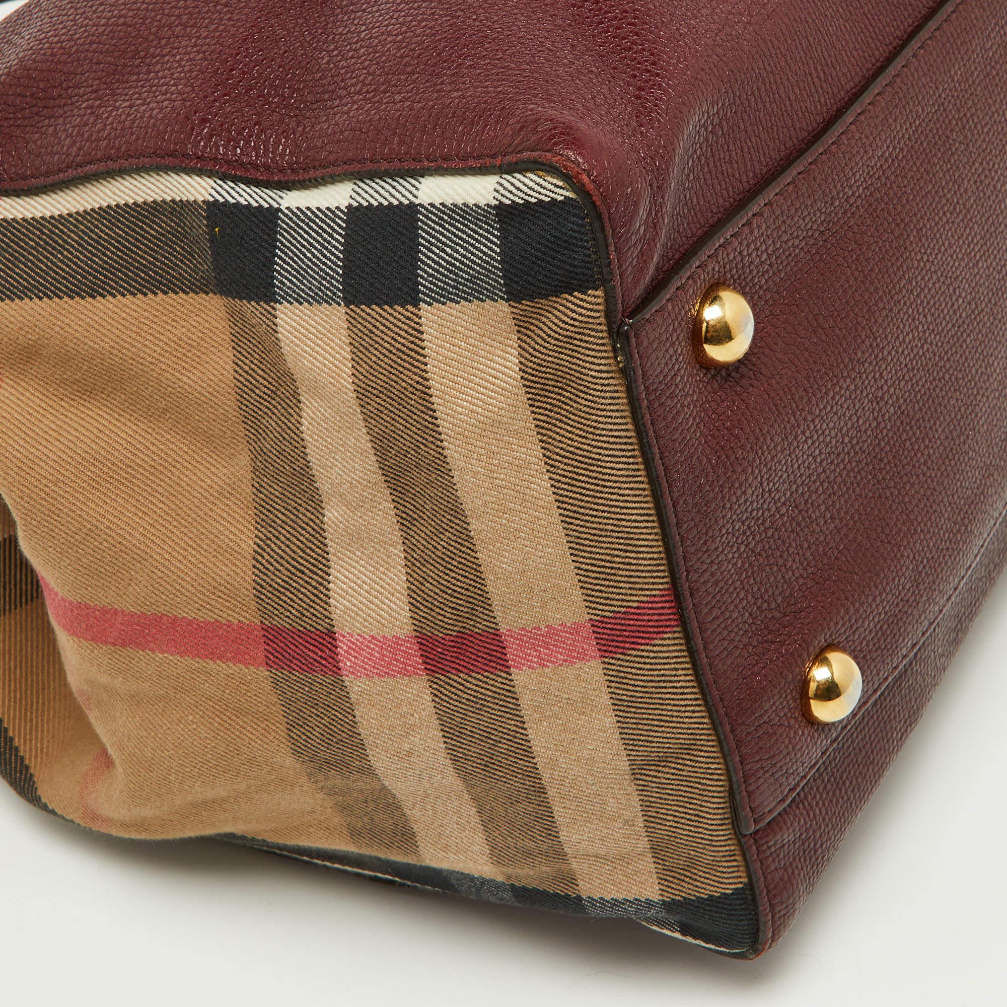 Men's Burberry Burgundy/Beige House Check Fabric and Leather Small Canterbury Tote