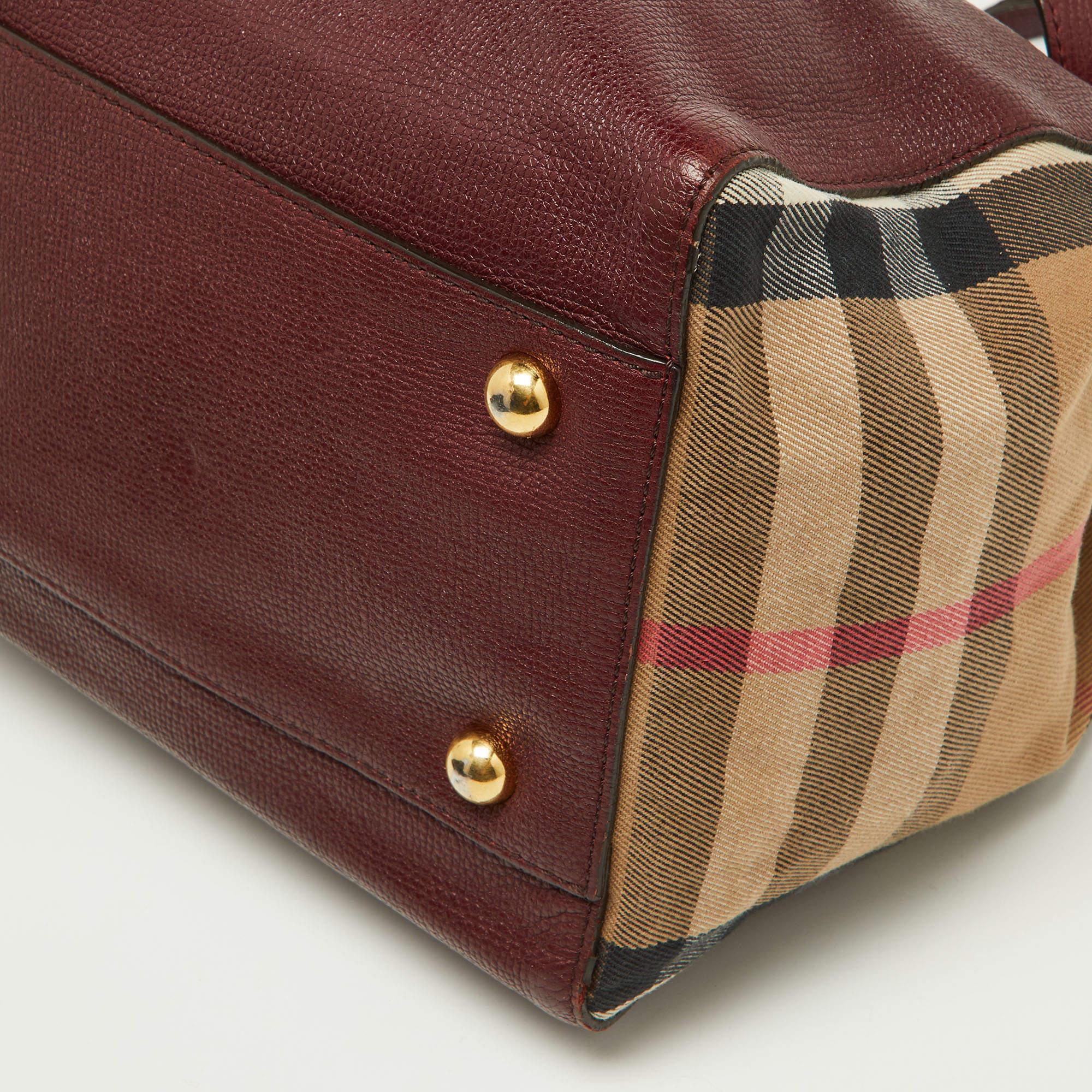 Burberry Burgundy/Beige House Check Fabric and Leather Small Canterbury Tote 2