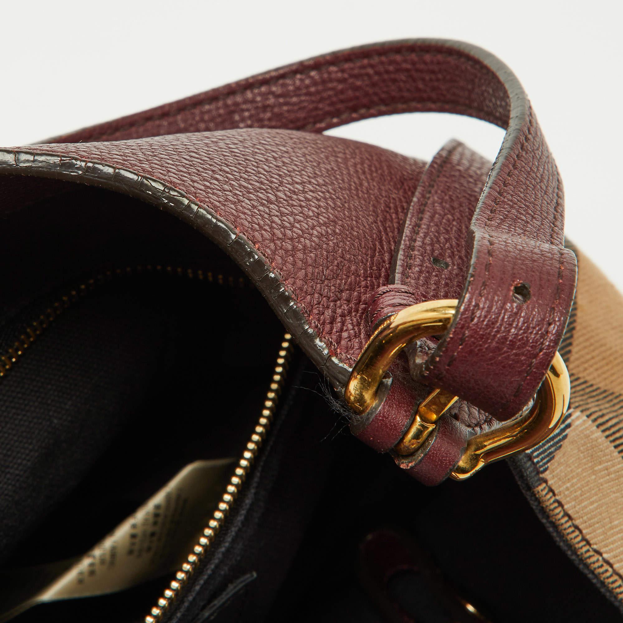 Burberry Burgundy/Beige House Check Fabric and Leather Small Canterbury Tote 4
