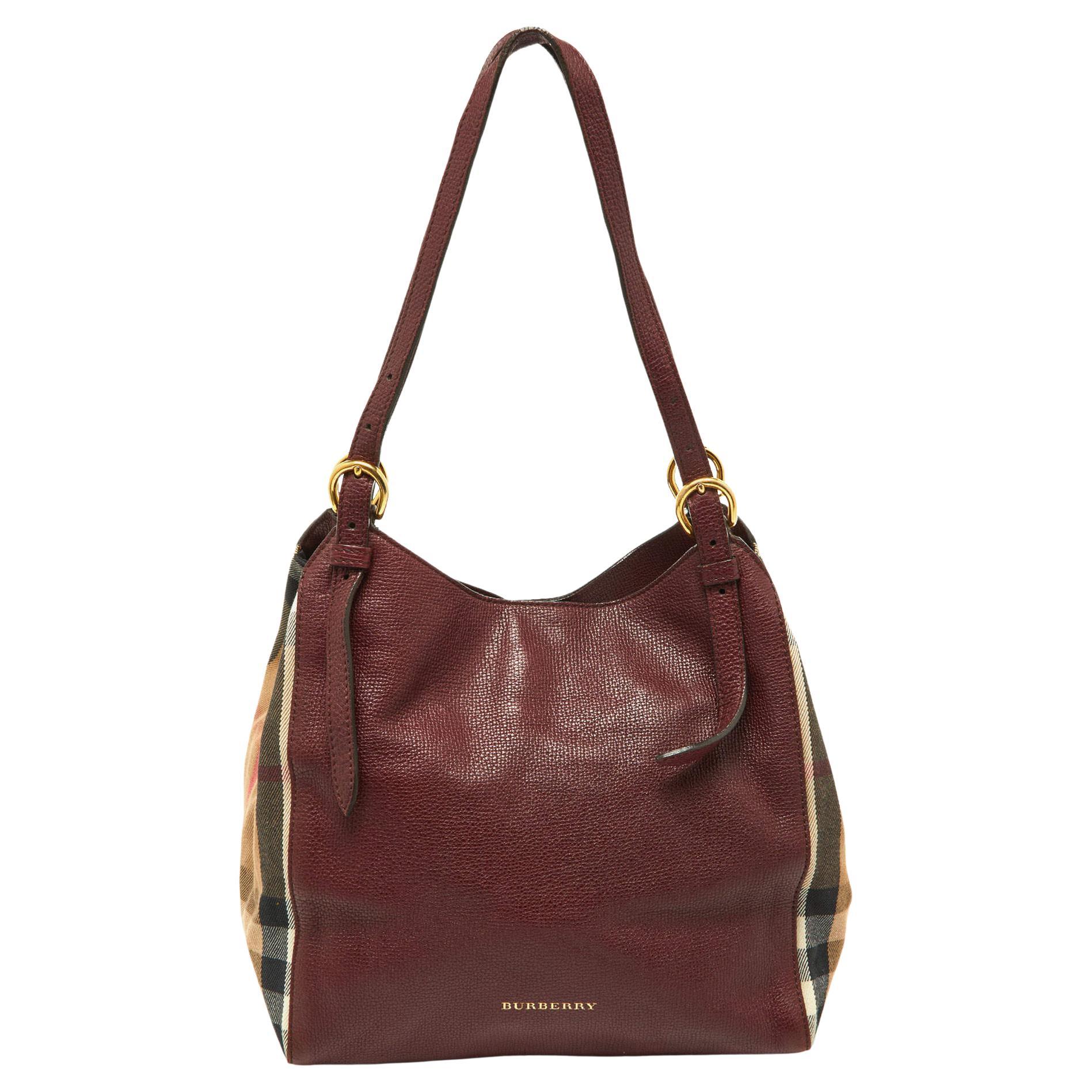 Burberry Burgundy/Beige House Check Fabric and Leather Small Canterbury Tote For Sale