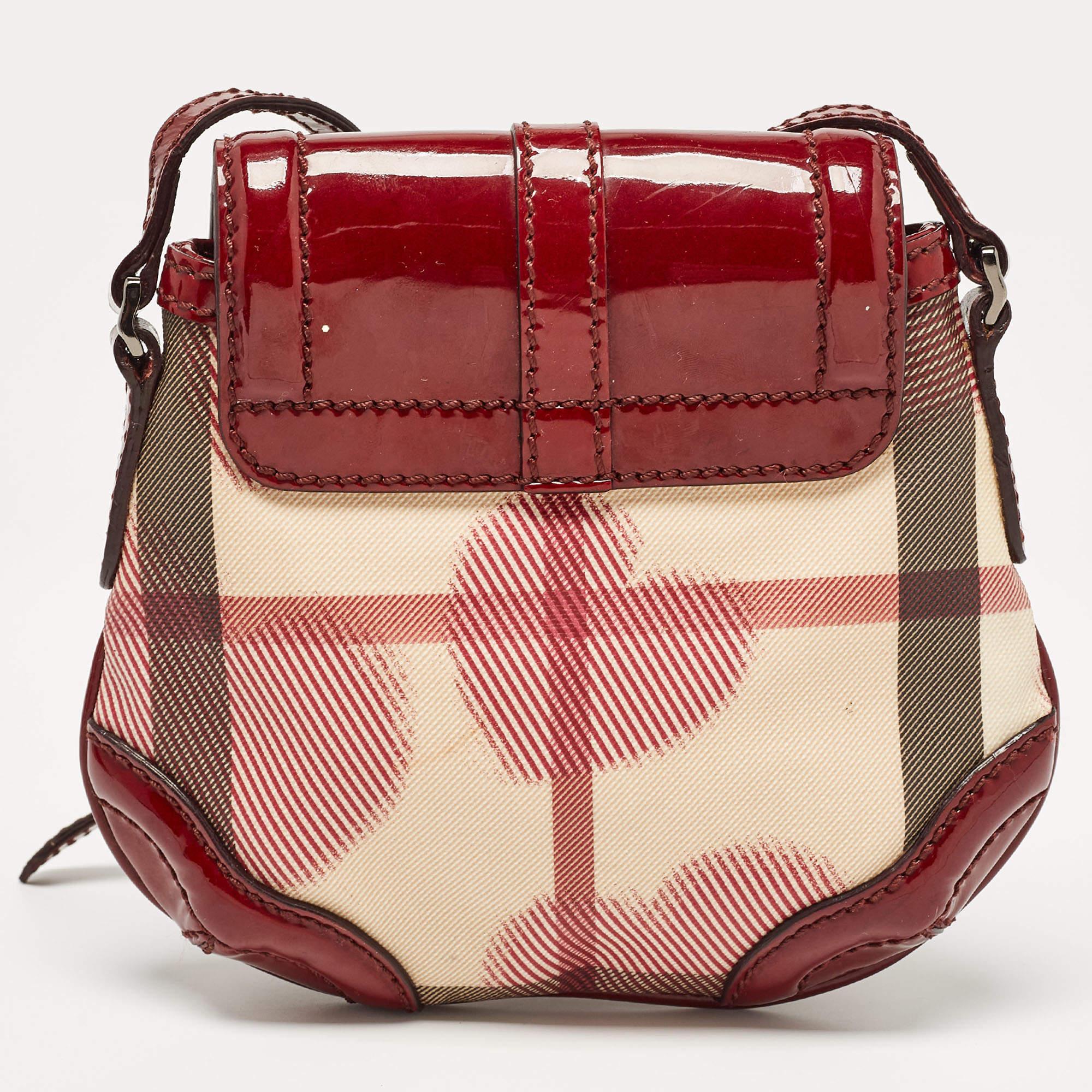 Women's Burberry Burgundy/Beige House Check PVC and Leather Heart Flap Crossbody Bag