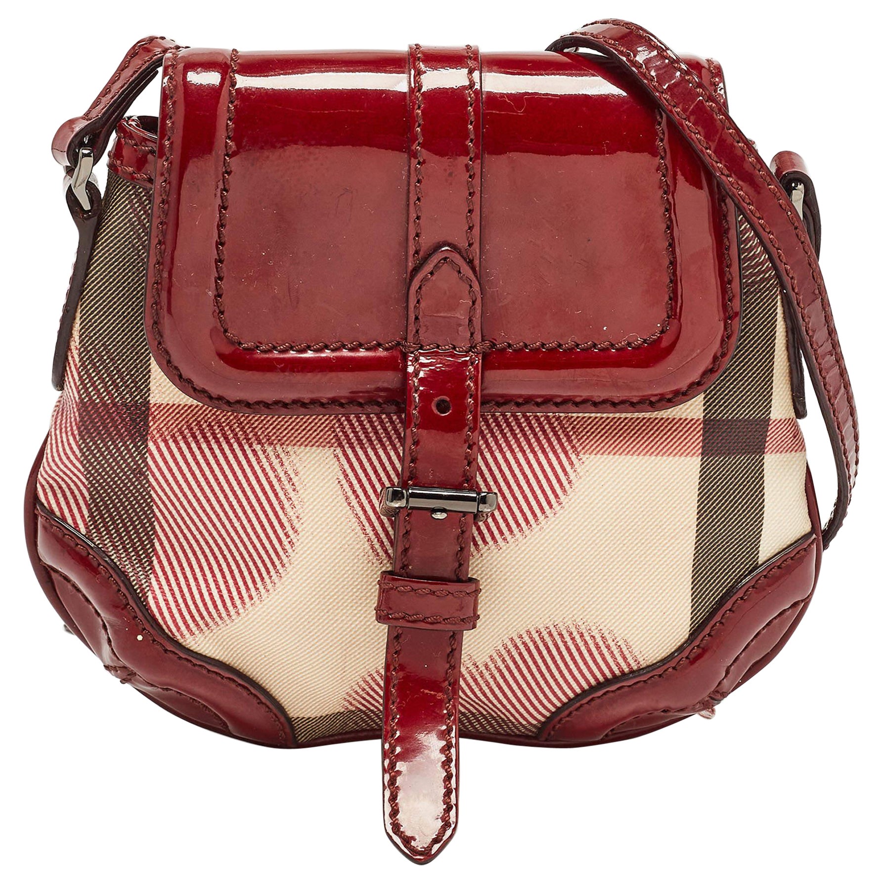 Burberry Burgundy/Beige House Check PVC and Leather Heart Flap Crossbody Bag