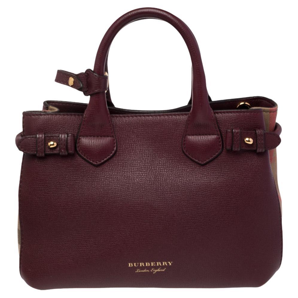 Burberry Burgundy/Beige Leather and House Check Canvas Small Banner Tote