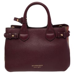 Burberry Burgundy/Beige Leather and House Check Canvas Small Banner Tote