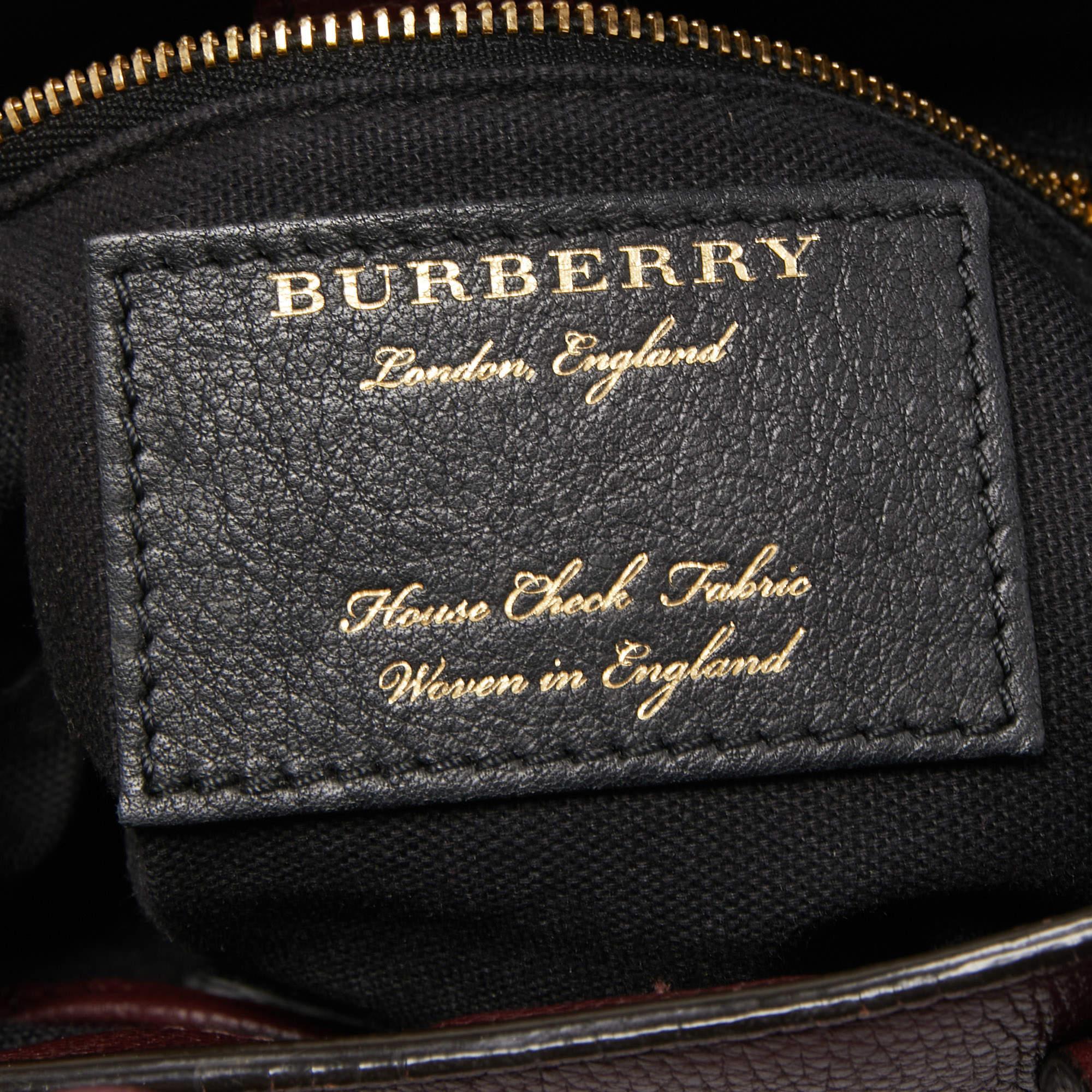 Burberry Burgundy/Beige Leather and House Check Fabric Mini Banner Tote 5