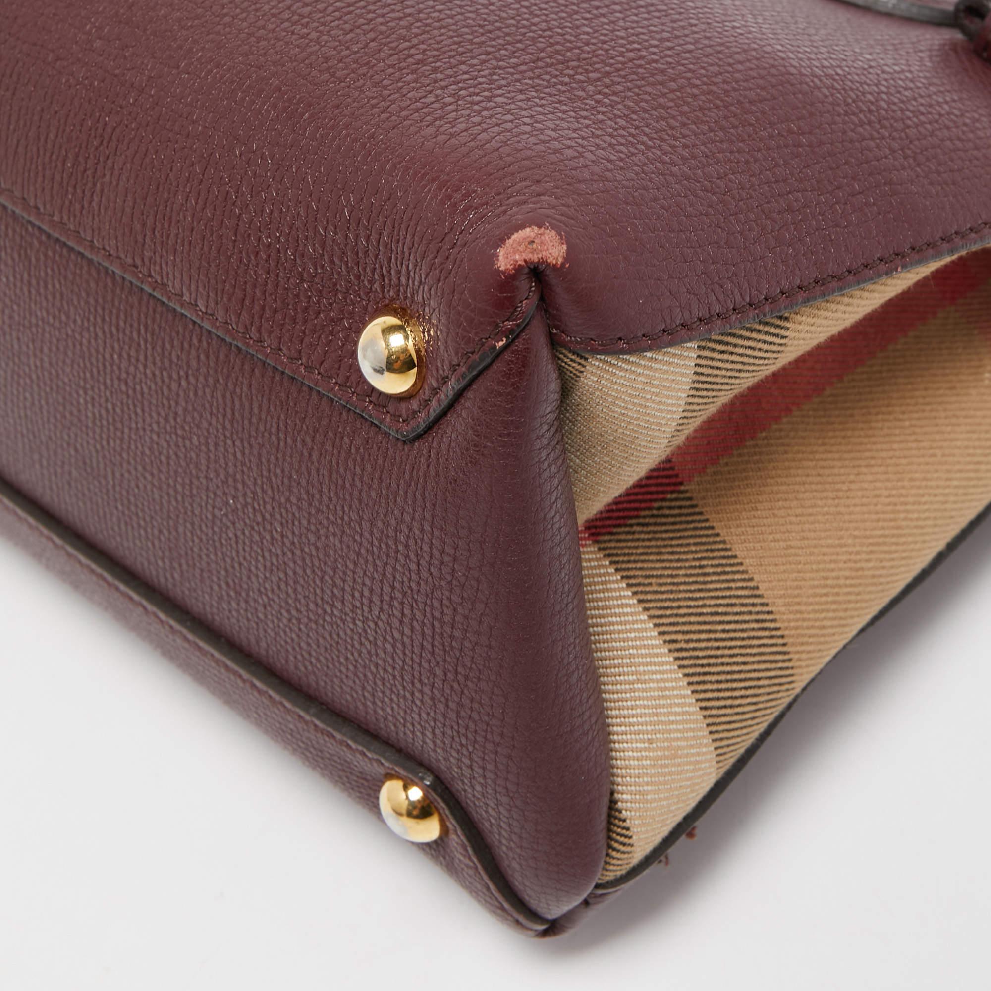 Burberry Burgundy/Beige Leather and House Check Fabric Mini Banner Tote 6