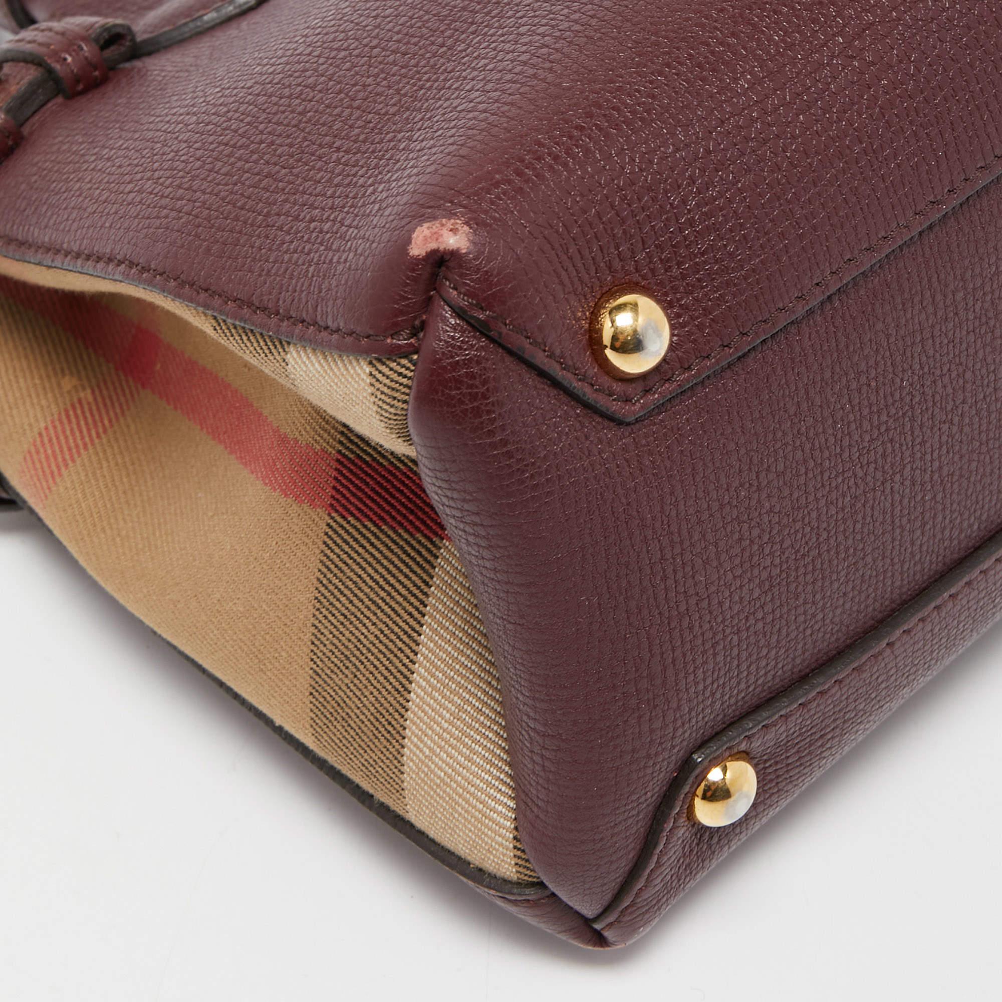 Burberry Burgundy/Beige Leather and House Check Fabric Mini Banner Tote 7