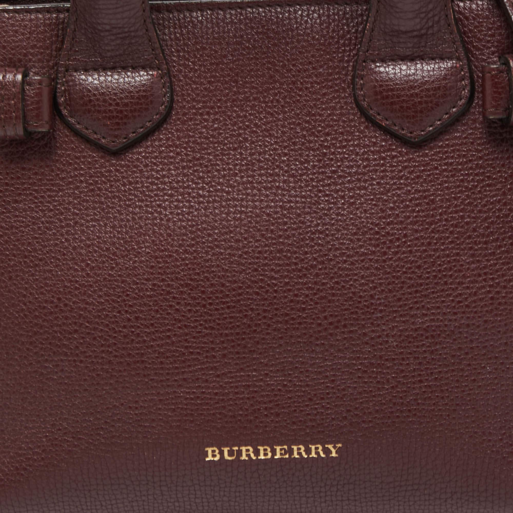 Burberry Burgundy/Beige Leather and House Check Fabric Mini Banner Tote 8