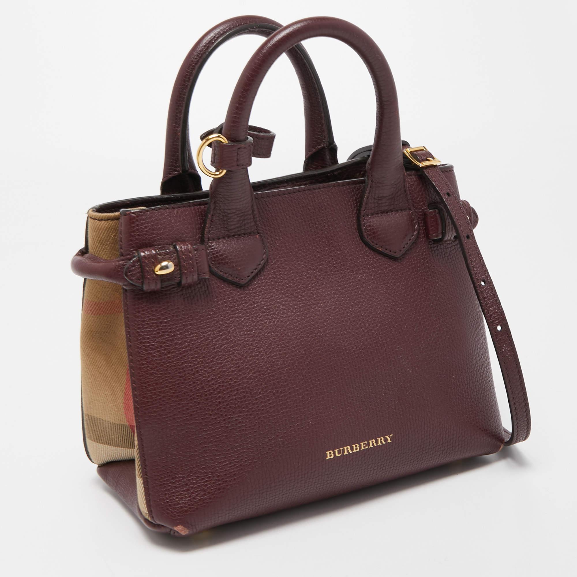 Burberry Burgundy/Beige Leather and House Check Fabric Mini Banner Tote In Good Condition In Dubai, Al Qouz 2