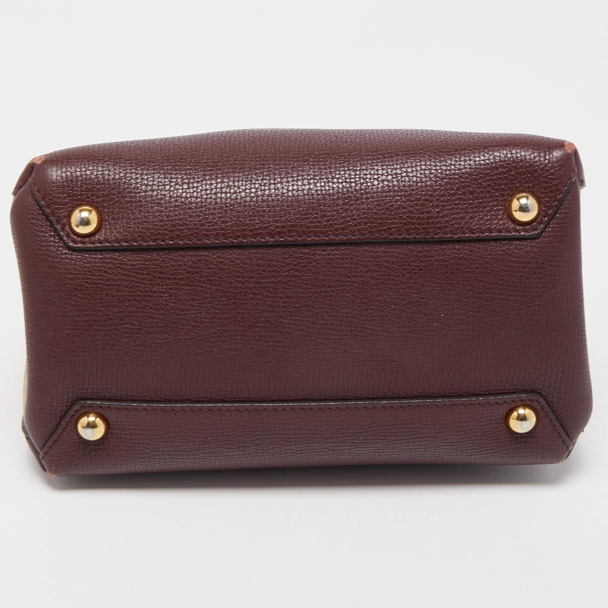 Women's Burberry Burgundy/Beige Leather and House Check Fabric Mini Banner Tote