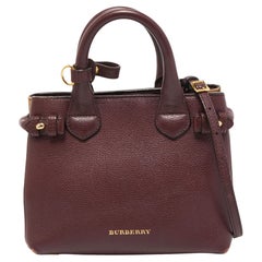 Burberry Burgundy/Beige Leather and House Check Fabric Mini Banner Tote