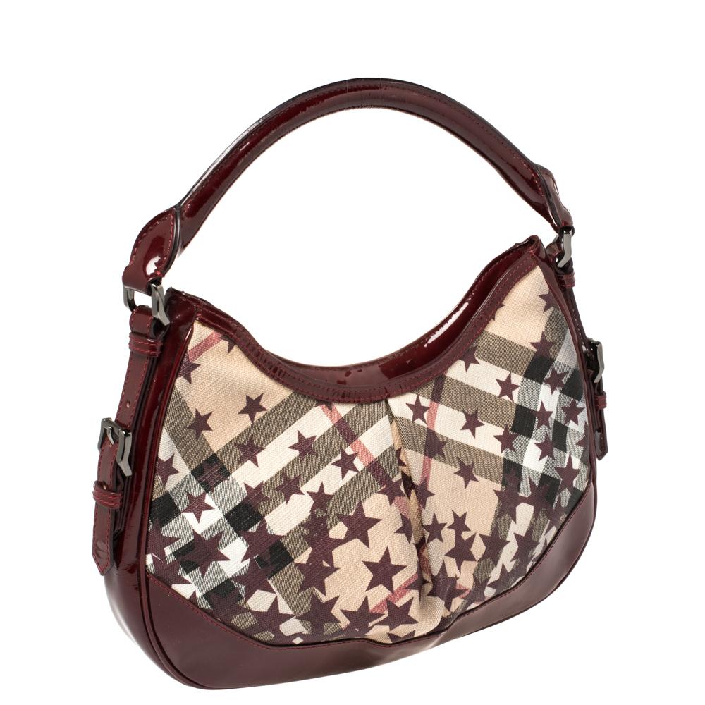 Black Burberry Burgundy/Beige Star Check PVC and Patent Leather Hernville Hobo
