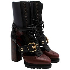 Burberry Burgundy & Black Lace-up Leather Heeled Boots - Size EU 39