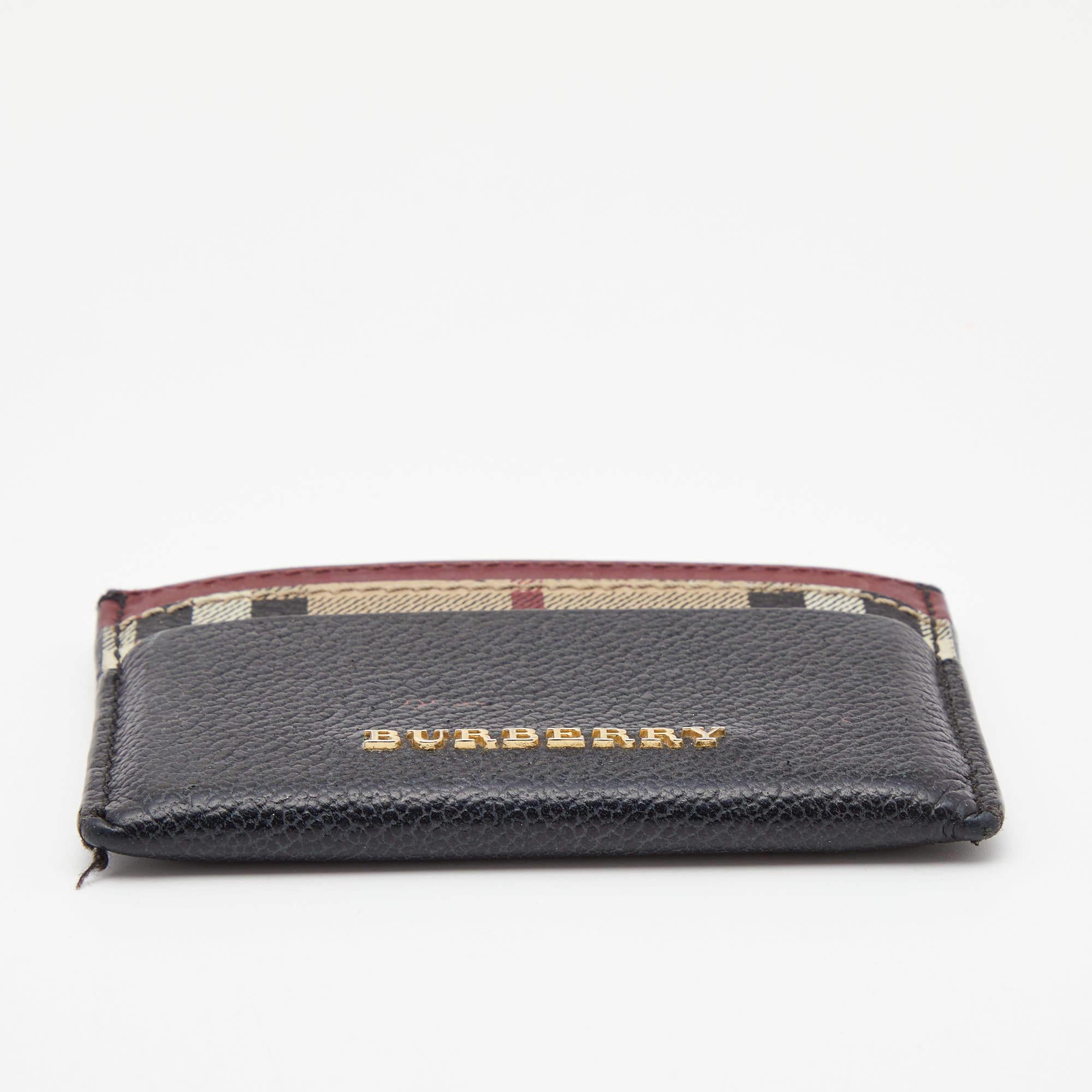 Burberry Burgundy Black Leather and Check Canvas Izzy Card Holder
