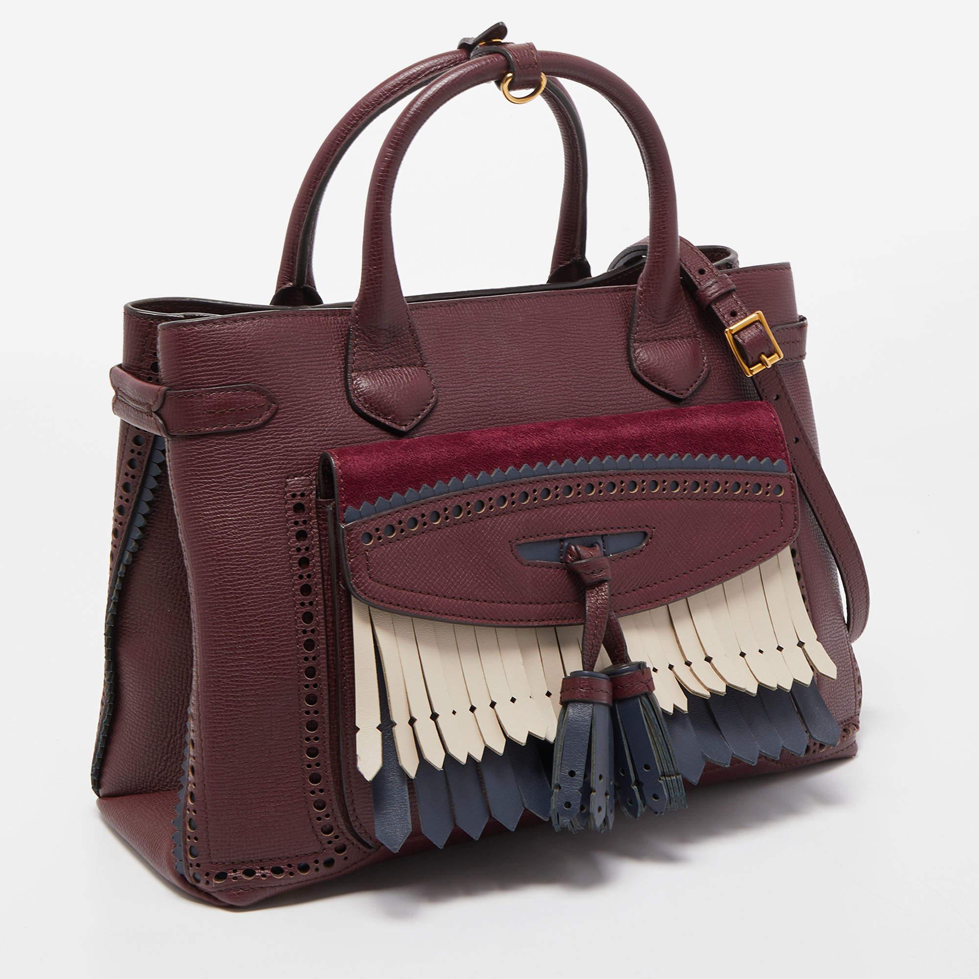 Women's Burberry Burgundy Brogue Leather and Suede Medium Tassel Banner Tote
