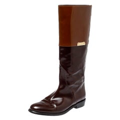 Used Burberry Burgundy/Brown Leather Logo Embellished Knee High Boots Size 38