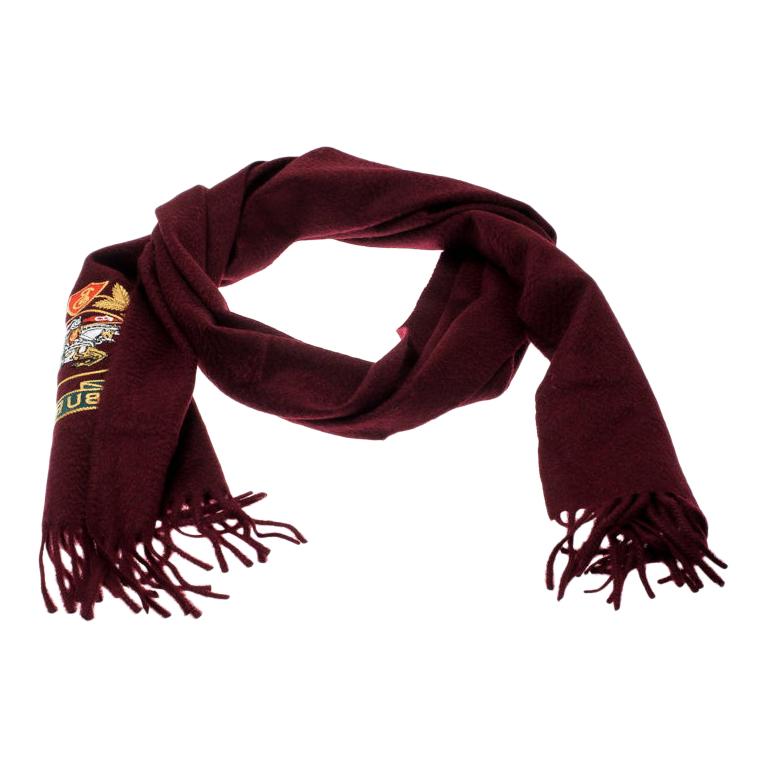 Burberry Burgundy Cashmere Logo CrestEmbroidered Scarf For Sale at 1stDibs burberry