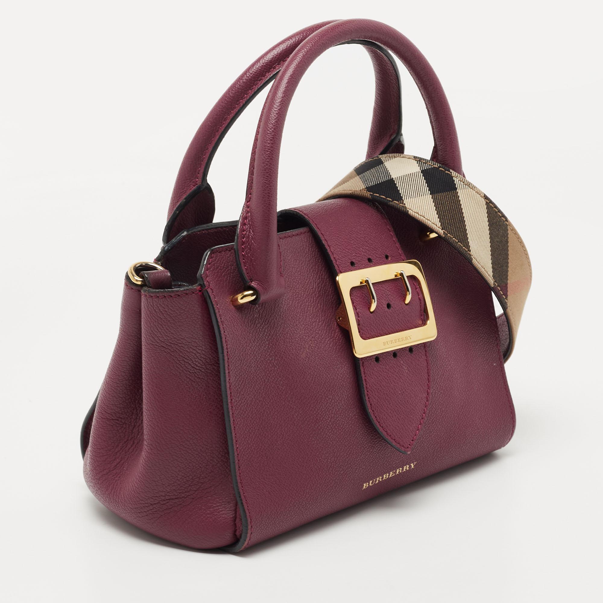 Burberry Burgundy Grained Leather Small Buckle Tote 3