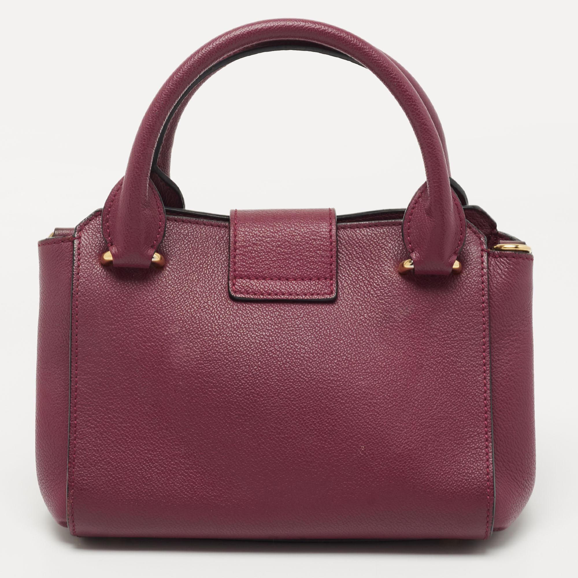 Burberry Burgundy Grained Leather Small Buckle Tote 4