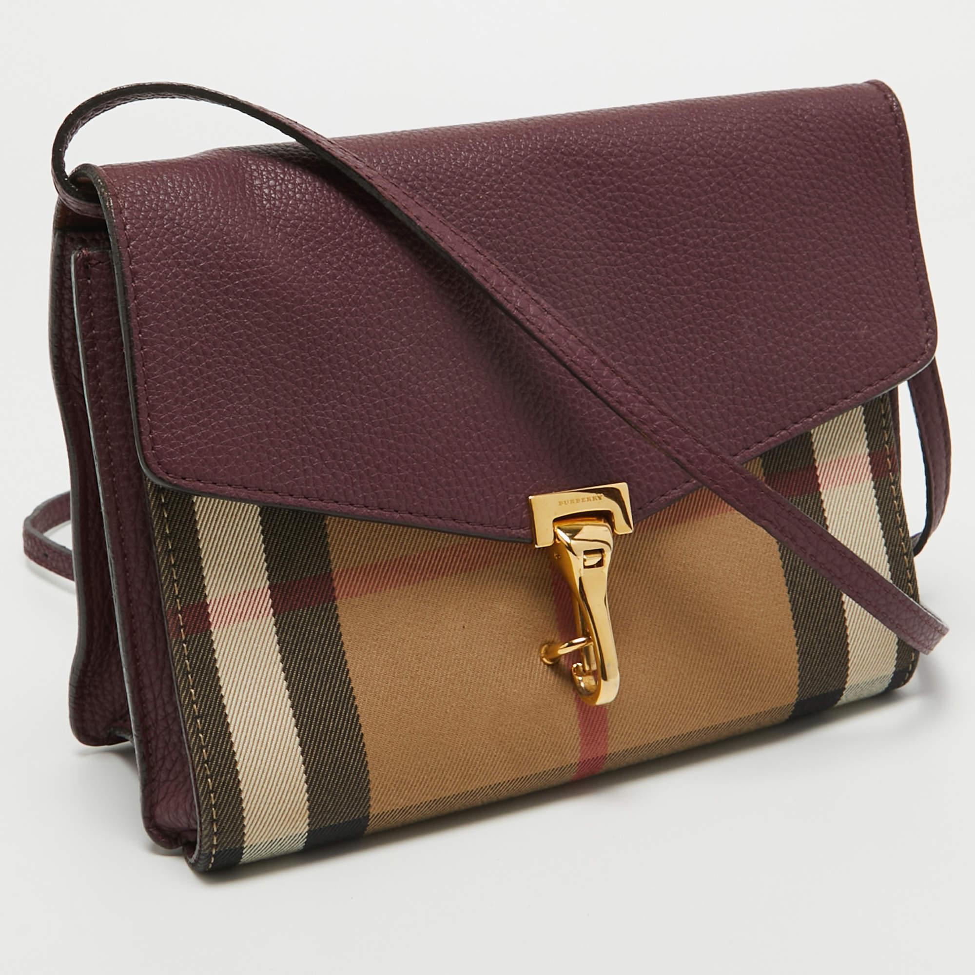 Showcasing a timeless design and durable construction, this Macken crossbody bag from Burberry offers style and sheer practicality. It's a versatile piece crafted with House Check canvas and leather and detailed with a Gold Tone clasp on the flap.