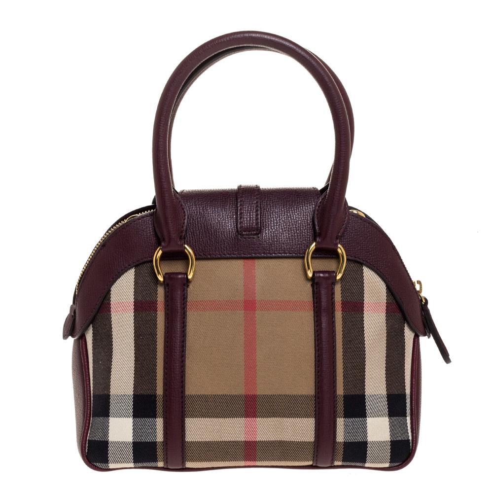 Black Burberry Burgundy House Check Canvas and Leather Small Milverton Satchel